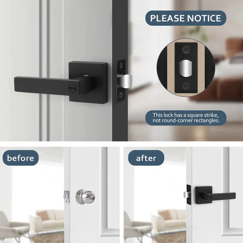 6 Pack Heavy Duty Privacy Door Lever Lock Sets Matte Black Keyless Door Knobs for Interior Doors shown installed on a white door
