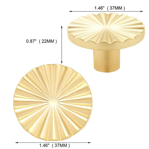 Set Of 6 Brushed Gold Zinc Alloy Cabinet Knobs And Pulls For Kitchen Cupboards Dressers And Drawers, close-up view, measurements shown.