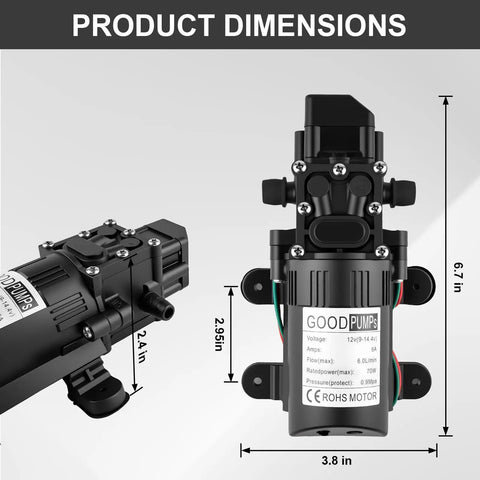 Heavy Duty 12 Volt Dc Diaphragm Water Pump With Hose Clamps For Rv Camper Marine And Utility Work dimensions and specifications shown.