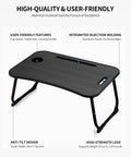 Foldable Laptop Bed Desk With Cup Holder, Tablet Slot And Lifting Handle, shown with features and sturdy black material