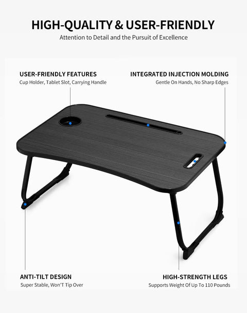 Foldable Laptop Bed Desk With Cup Holder, Tablet Slot And Lifting Handle, shown with features and sturdy black material