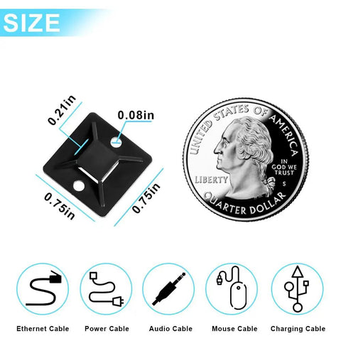 Small Three Quarters Of An Inch Black Cable Tie Mounts With Adhesive Backing 100 Pack For Pedal Board Cable Management next to coin