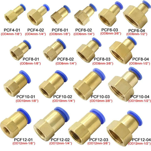 Smooth Sailing Push In Pneumatic Fittings Thousand Piece Bulk Set featuring brass and nylon caps, various sizes, ideal for hose connections.