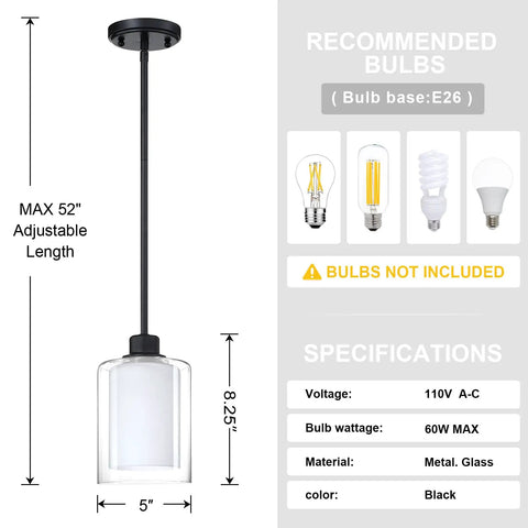 Diagram showing Two Pack 1 Light Indoor Hanging Kitchen Island Pendant Lights With 5 Inch Clear Frosted Glass Shades In Sleek Black Finish.