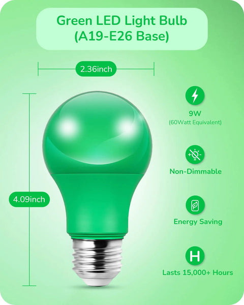 Green A19 LED Light Bulbs For Christmas Decoration 60W Equivalent E26 Base 9W 600 Lumens dope green holiday lighting