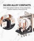 Close-up of Beefy 24V DC Power Relay with flame retardant housing showing silver alloy contacts and 8-pin configuration for high power use.