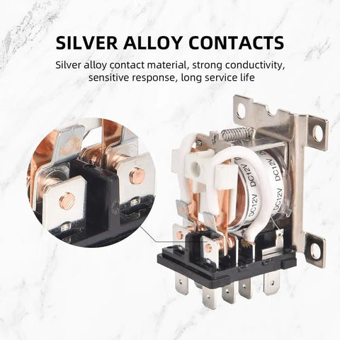 Close-up of Beefy 24V DC Power Relay with flame retardant housing showing silver alloy contacts and 8-pin configuration for high power use.