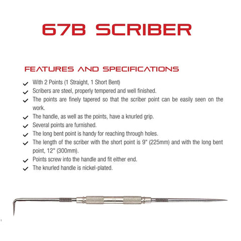 Pro Grade Scriber Set With Nickel Plated Knurled Grip And Finely Tapered Points, 9 Inch Length, shown with product features.
