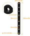 Heavy Duty Black Mending Plates 10 Inch Straight Steel Braces with dimensions for wood repair and fence reinforcement.