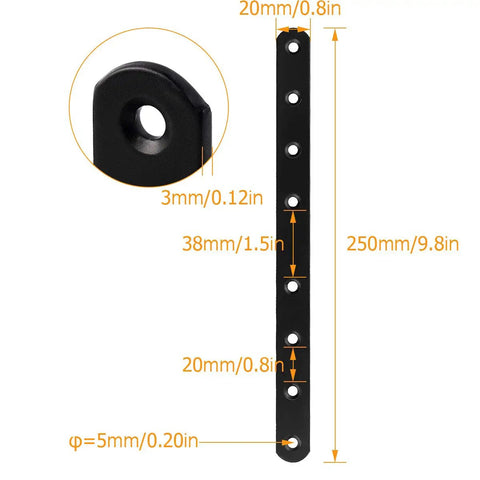 Heavy Duty Black Mending Plates 10 Inch Straight Steel Braces with dimensions for wood repair and fence reinforcement.