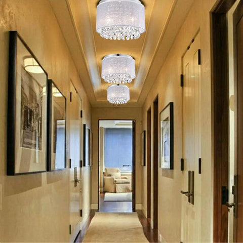 Chic Net Yarn Drum Chandelier Three Light White Crystal Ceiling Fixture in hallway