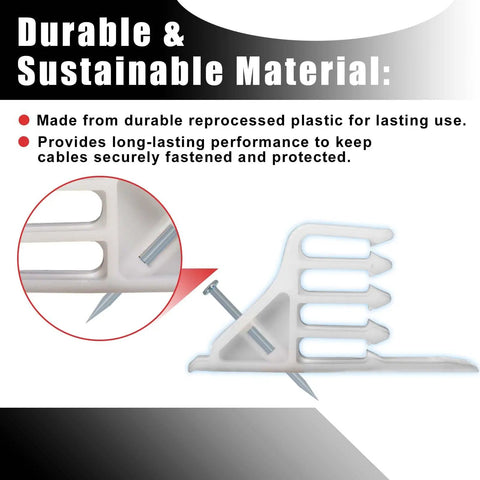 Side view of 200 Pack White Cable Staples with steel nails for quick no fuss cable stacking clips, highlighting durable material.