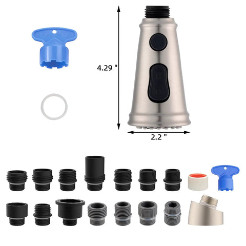Pull Down Faucet Head Replacement With Three Function Sprayer Modes, 15 Adapters, Brushed Nickel Finish, High Pressure Rinse