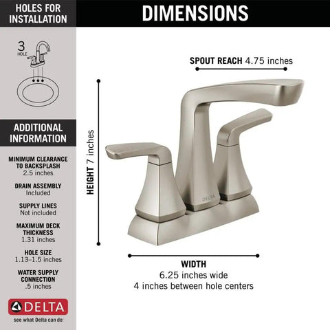 Dimensions of Vesna Centerset Bathroom Faucet Brushed Nickel Finish For 4 Inch 3 Hole Sinks Includes Pop Up Drain Assembly And Worry Free Drain Catch SpotShield No Fuss Sink Upgrade