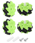 Green Mecanum robot wheels set for DIY robot cars in 58mm size with screws and hex pins, perfect for educational robotics projects.