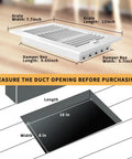 Diagram showing 2 Pack Air Vent Cover Ceiling Register 3 Way Plastic Vent Covers with Manual Adjuster, dimensions for 10 by 6 inch duct.