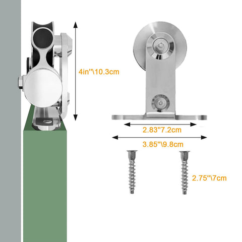 Sliding Barn Door Hangers Set 2pcs Stainless Steel No Track T Shape side view with dimensions and screws visible
