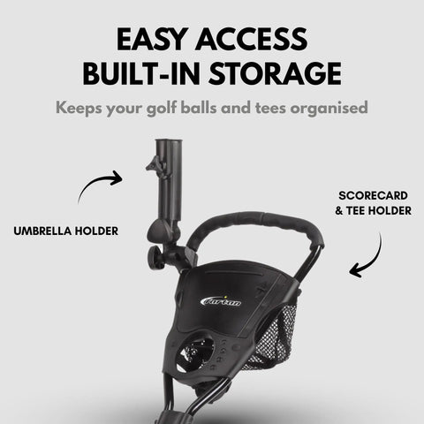 Heavy Duty Three Wheel Golf Push Cart Delivering Dead Steady Control And Foolproof Quick Release Brakes with built-in storage holders.