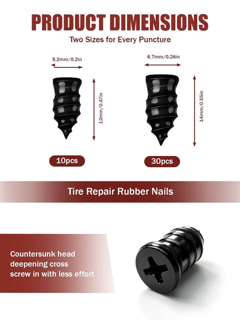 Product dimensions of Universal Car Tire Repair Kit With 50 Heavy Duty Rubber Strips Screw In Tool and Two Tubes Sealant Glue.