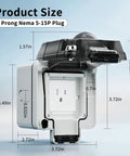 Heavy Duty One Gang Outdoor Electrical Outlet Box Featuring IP66 Weatherproof In Use Cover dimensions with 3 prong Nema 5-15P plug.