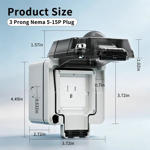 Heavy Duty One Gang Outdoor Electrical Outlet Box Featuring IP66 Weatherproof In Use Cover dimensions with 3 prong Nema 5-15P plug.