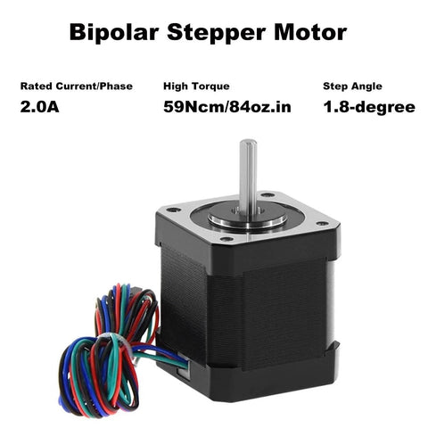 Front view of a black NEMA 17 bipolar stepper motor, 48mm frame, 4-lead with 1m cable
