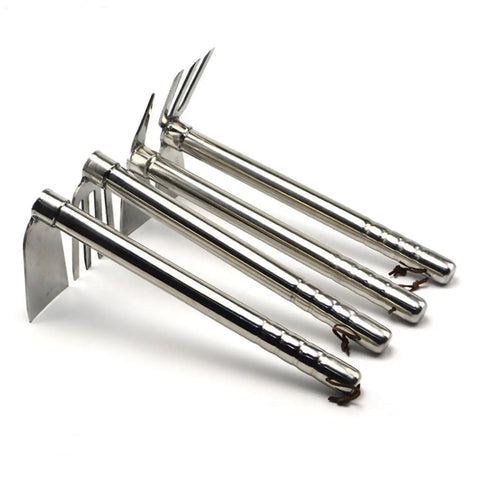 Stainless Steel Garden Hoe Hand Tool For Planting And Weeding, lightweight dual-purpose hoes with easy grip handles displayed.