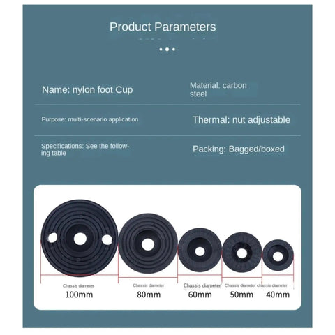Adjustable Furniture Support Leg Set With Non Skid Pads for shelves shown in various diameters, nylon and carbon steel material.