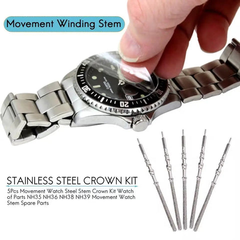 Five Piece Silver Movement Watch Stem Crown Kit For NH35 NH36 NH38 NH39 Movements Replacement Parts Set shown with stems and watch