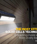 62 LED Solar Wall Lights With Motion Sensor Outdoor Security Lighting illuminating a wooden wall at night.