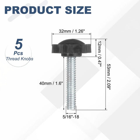 Rock Solid 5/16-18 Black Star Knobs 5 Pack Heavy Duty Plastic Male Thread Clamping Screws For Industrial Furniture And Jigs No Sweat Hand Tightening Replacement Kit, size dimensions.