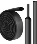 Front view of black heat shrink tubing roll with two straight cut tubes, 1/2 in pre-shrink diameter