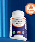 Lithium Orotate 5mg Mood Support Supplement, bottle front view, 240 Veggie Capsules, Non GMO Gluten Free, Two Pack, labeled 5mg per serving