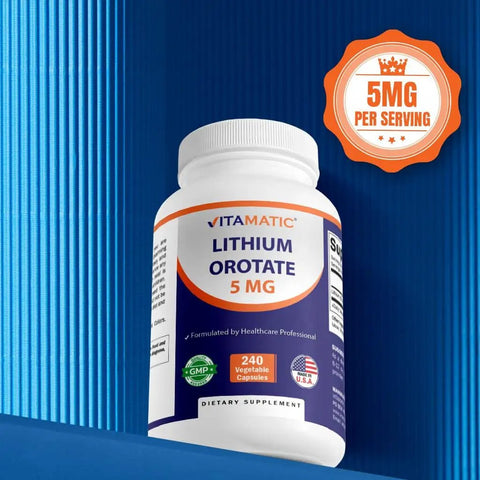 Lithium Orotate 5mg Mood Support Supplement, bottle front view, 240 Veggie Capsules, Non GMO Gluten Free, Two Pack, labeled 5mg per serving