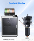K2 Plus Ceramic Heating Block Kit with Unicorn Quick Swap Nozzle beside 3D printer showcasing ease of integration and design.