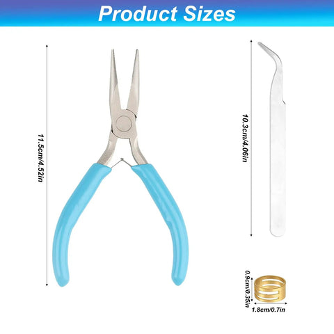 Needle Nose Pliers For Jewelry Making And Beading, Precision Chain Nose Pliers For Wirework And Repair shown with blue handles and size details