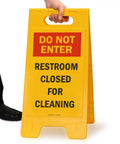 Do Not Enter Restroom Closed For Cleaning Two Sided Folding Floor Sign Plastic Heavy Duty Durable 25 By 12 Inches Red Black Yellow High Visibility Double Sided For Busy Hallways And Maintenance Areas, yellow plastic foldable sign