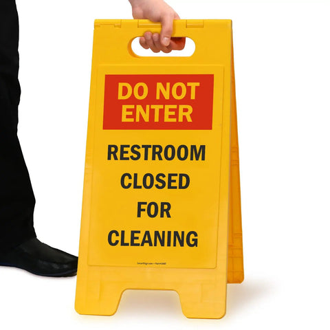 Do Not Enter Restroom Closed For Cleaning Two Sided Folding Floor Sign Plastic Heavy Duty Durable 25 By 12 Inches Red Black Yellow High Visibility Double Sided For Busy Hallways And Maintenance Areas, yellow plastic foldable sign