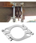 No Sweat 2.5 Inch Split Exhaust Flange Repair Kit With Stainless Nuts And Bolts For Automotive Oval Pipe Leak Seal, shown installed and separately.