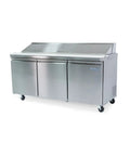 Heavy Duty Commercial Refrigerator With Digital Temperature Controls And Led Display Adjustable Wire Shelves And Food Prep Trays, stainless steel, three-door design.