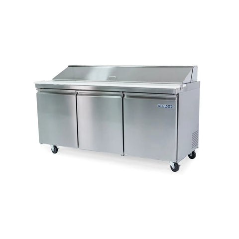 Heavy Duty Commercial Refrigerator With Digital Temperature Controls And Led Display Adjustable Wire Shelves And Food Prep Trays, stainless steel, three-door design.