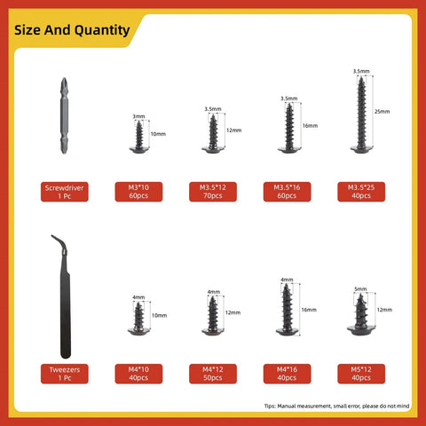 Real Deal Heavy Duty 400 Piece Black Carbon Steel Self Tapping Screws Assortment Kit showing sizes and quantities of screws and tools.