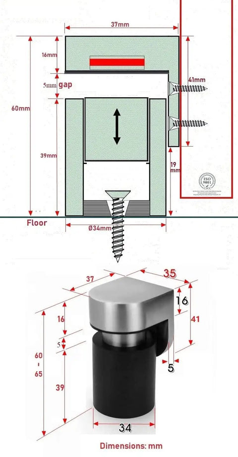 Beefy Heavy Duty Stainless Steel Floor Mount Magnetic Pop Up Door Stop With measurement diagram, SUS304 and 430 stainless steel, brass base.