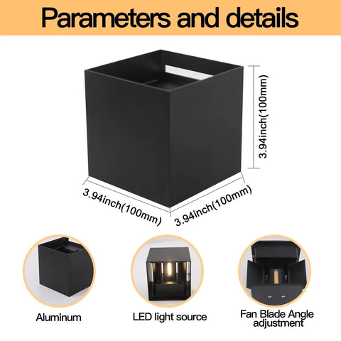 Outdoor Up Down LED Wall Light In Black Aluminum 12W Square Fixture 6500K Daylight Color IP65 Waterproof Adjustable Beam Angle