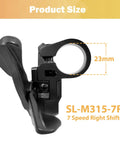 SL M315 7 Speed Right Thumb Gear Shifter for Mountain Road and Commuter Bikes shown with 23mm clamp size.