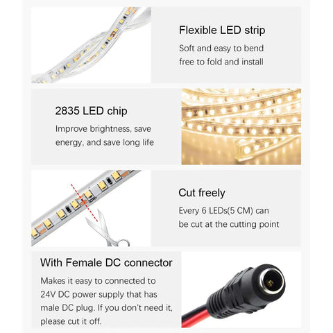 Waterproof LED Rope Lights 32.8Ft Ultra Bright 1200 LEDs 2835SMD 24V DC Warm White 3500K with flexible strip and DC connector
