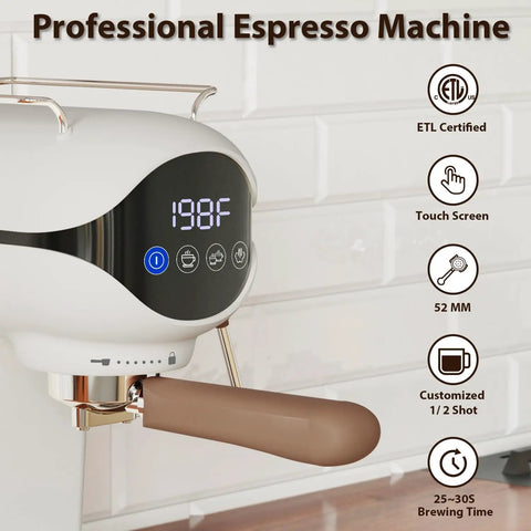 Compact Semi Automatic Espresso Machine With 20 Bar Pressure Built In Steam Milk Frother And Touchscreen Controls For Pulling Real Deal Barista Quality Lattes Right At Home Daily with digital display and portafilter.