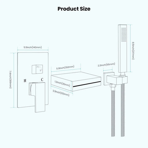 Diagram of Matte Black Waterfall Bathtub Faucet with Handheld Shower, Wall Mounted Rough In Valve, Tub Filler Spout, Solid Brass Sprayer