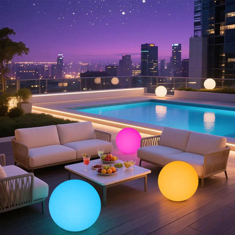 Cordless 16 Inch LED Glowing Ball Light With Remote RGB Color Changing Waterproof Glow Ball on patio by pool at night