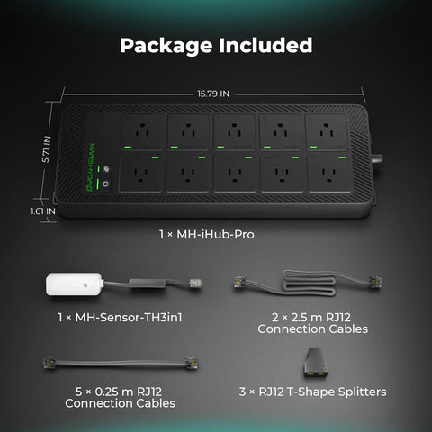 Heavy Duty Smart WiFi Power Strip With 10 Pre Configured Outlets For Zero Hassle Grow Room Automation And Slick App Controlled Lighting Fans Climate Rig showing included items such as cables and sensors.